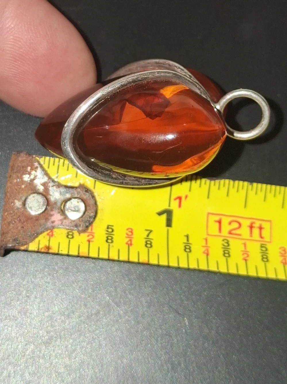 Vintage Sterling Silver Set. Amber Puff Heart Pendant With Oval Amber Ring 7.5